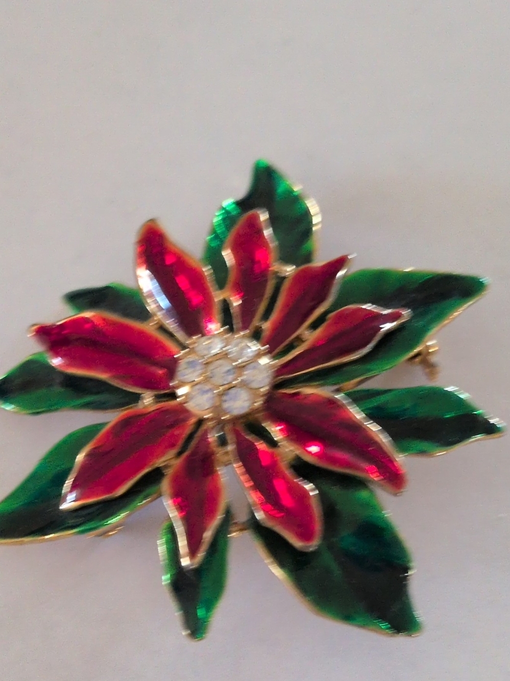Red and Green Poinsettia Flower Brooch - Elegant Holiday Jewelry
